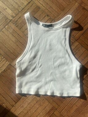 Zara Cream Ribbed High-Neck Crop Tank